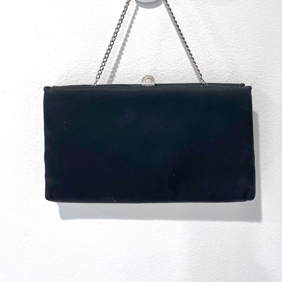 After Five Vintage Black Satin Silver Chain Purse Crystal Clasp - Picture 2 of 8